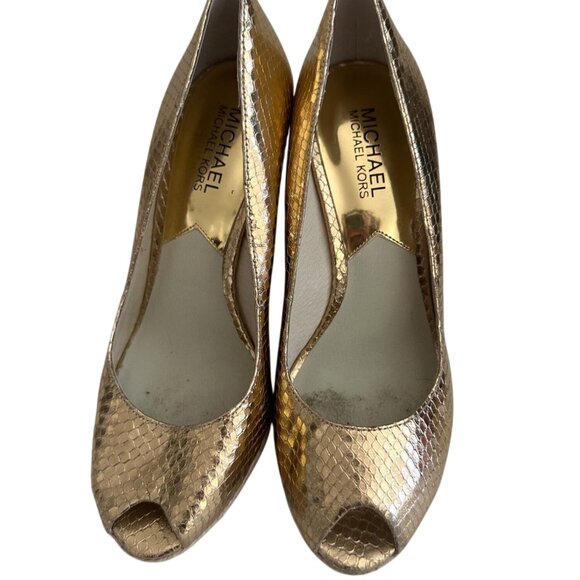 MICHAEL KORS Snake Embossed Gold Leather Espadrilles Wedges Size 7.5 - Picture 2 of 11